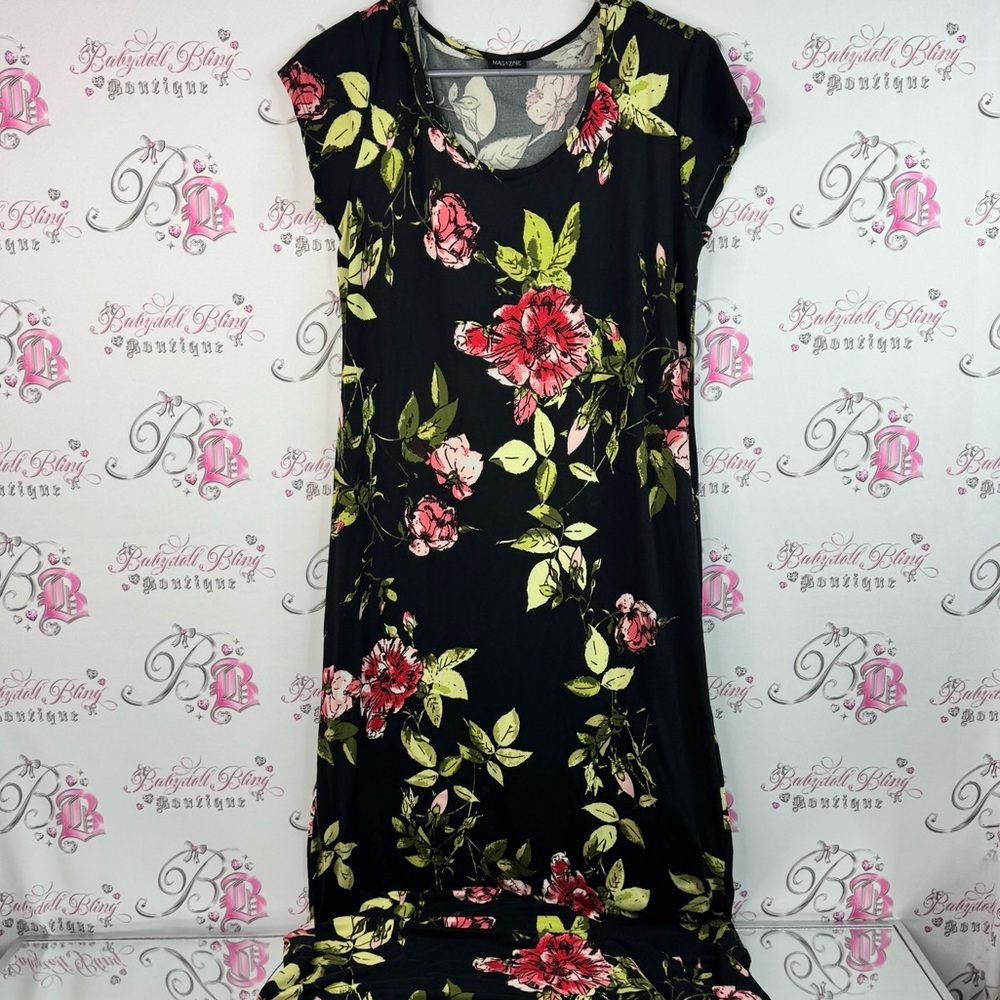 Magazine dress maxi long tshirt style flowers flowy Floral Black Dress